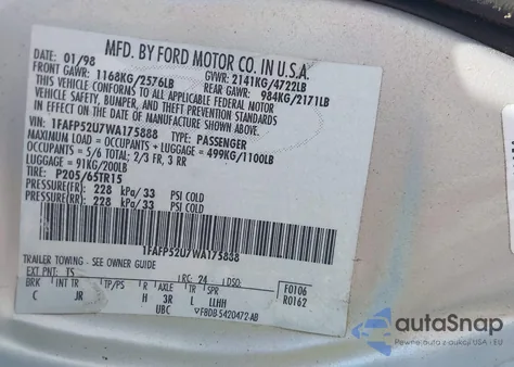 1998 Ford Taurus Lx/Se from USA, damaged, VIN 1FAFP52U7WA175888